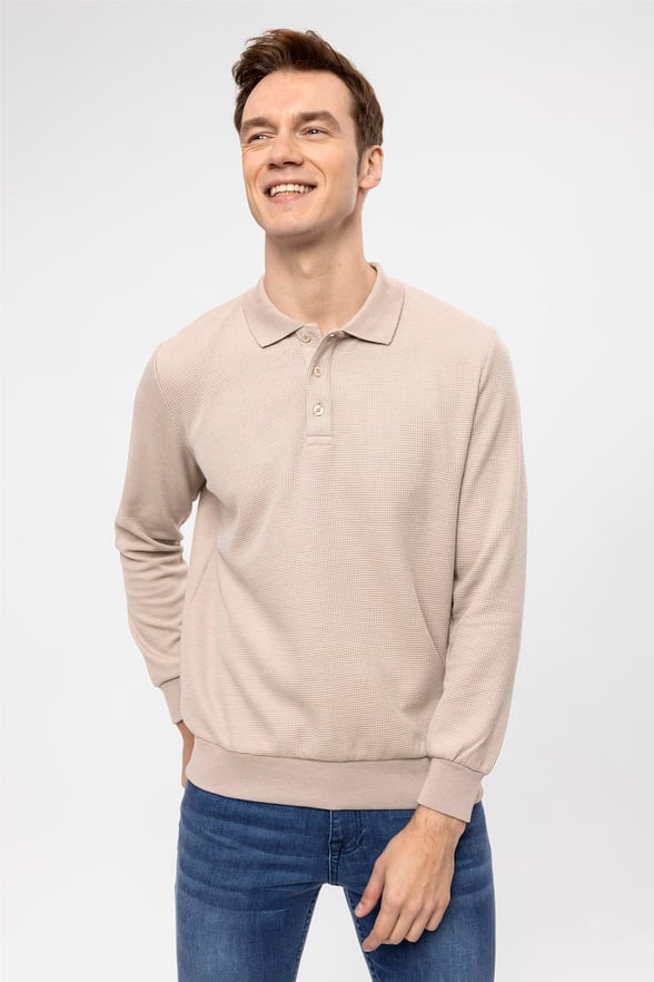 Bej Regular Armürlü Polo Yaka  Sweatshirt