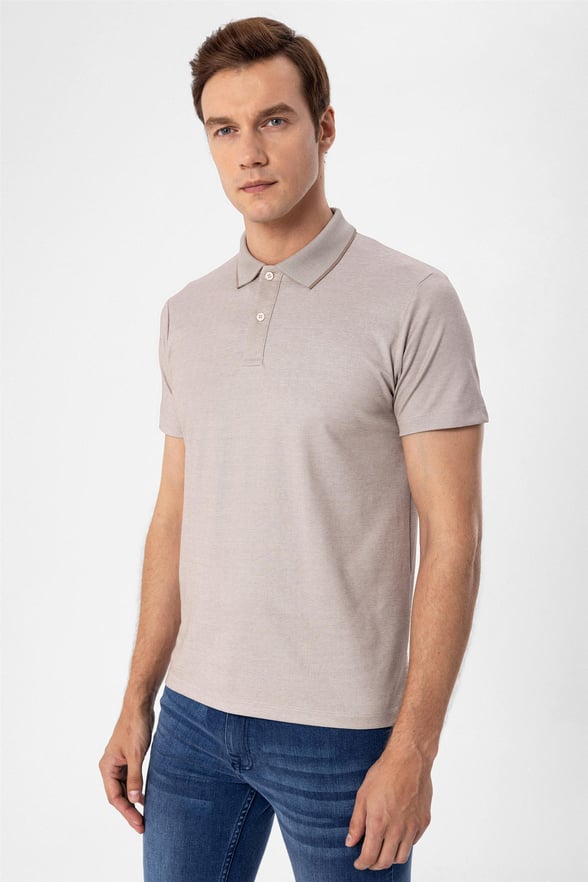 Bej Regular Armürlü Polo Yaka  Tişört