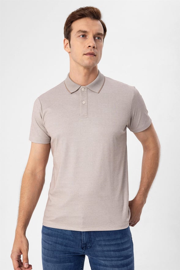 Bej Regular Armürlü Polo Yaka  Tişört
