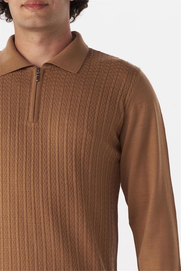Bej Regular Armürlü Polo Yaka Triko