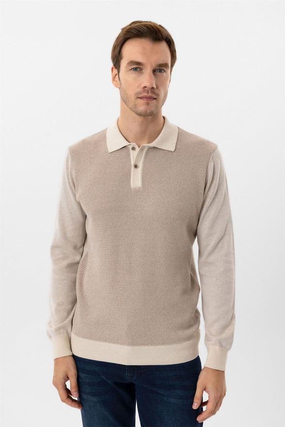 Bej Regular Armürlü Polo Yaka Triko