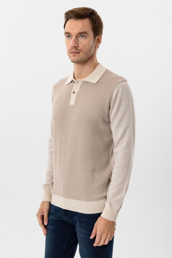Bej Regular Armürlü Polo Yaka Triko