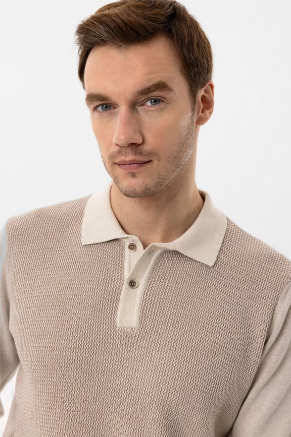 Bej Regular Armürlü Polo Yaka Triko