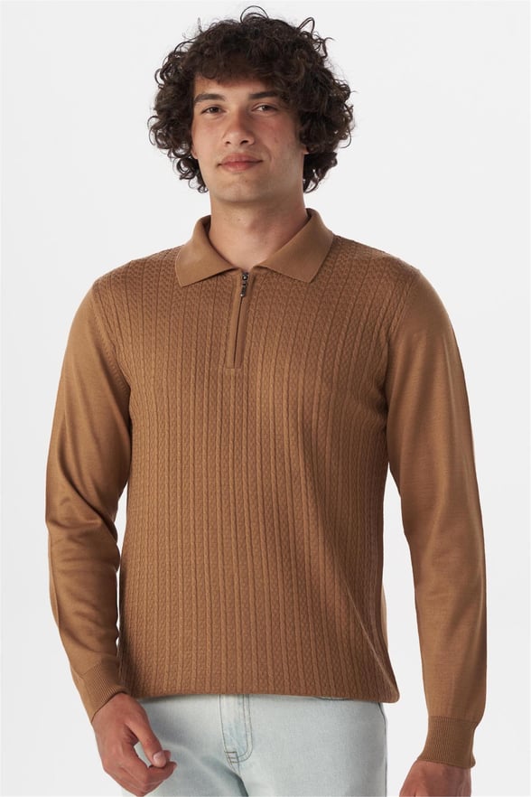Bej Regular Armürlü Polo Yaka Triko