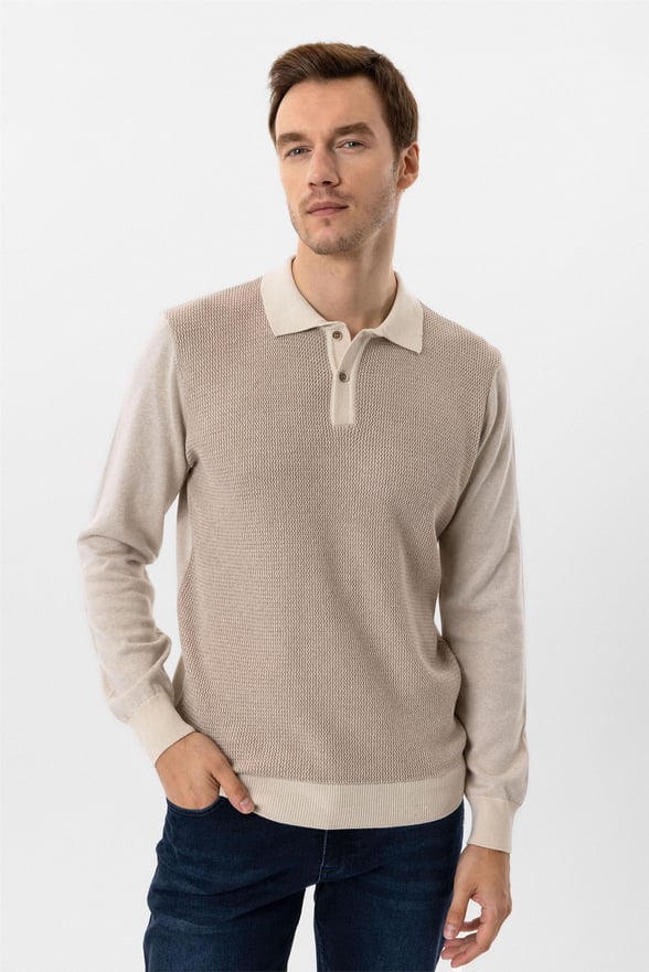 Bej Regular Armürlü Polo Yaka Triko