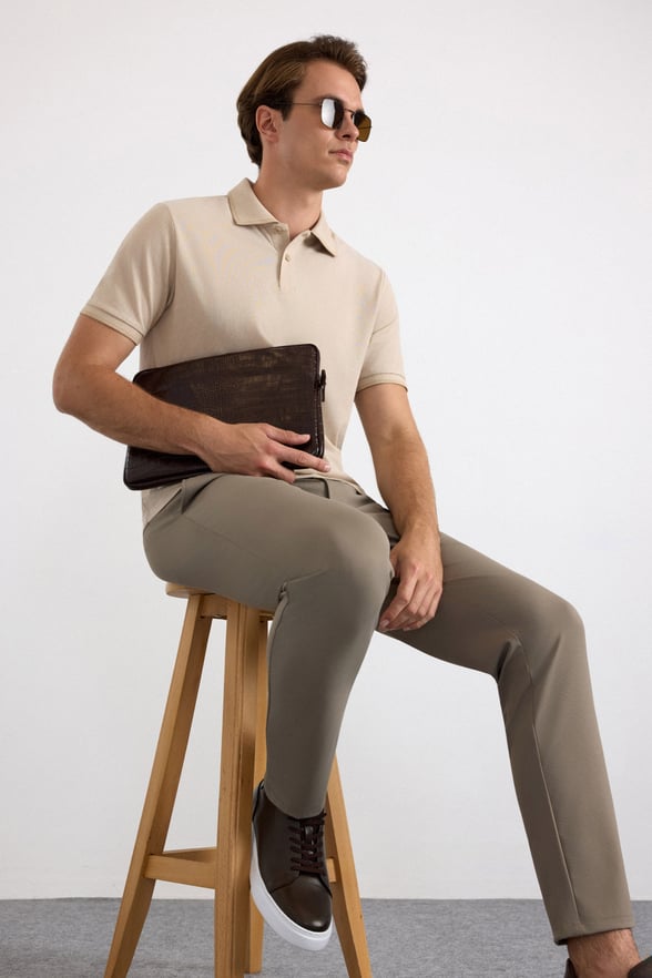 Bej Regular Düz Baskısız Pike Polo Yaka Standart Tişört