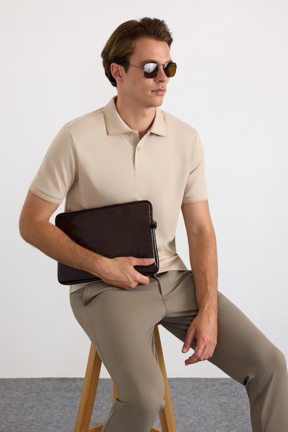 Bej Regular Düz Baskısız Pike Polo Yaka Standart Tişört
