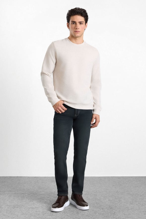 Bej Regular Düz Baskısız Waffle Bisiklet Yaka Cepsiz Sweatshirt