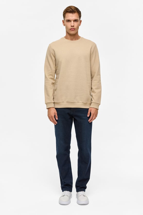 Bej Regular Düz Bisiklet Yaka Sweatshirt