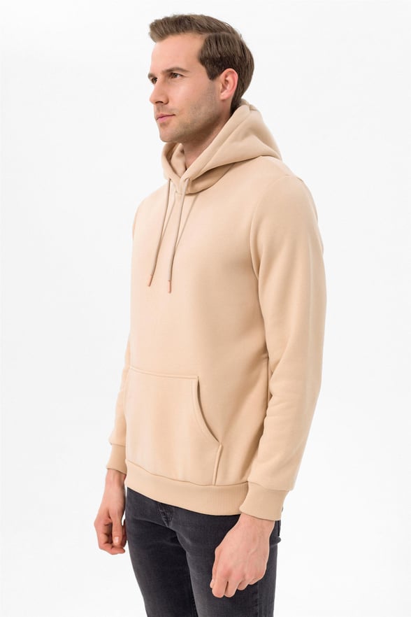 Bej Regular Düz Kapişonlu Yaka  Sweatshirt