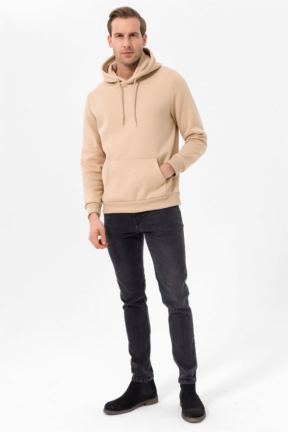 Bej Regular Düz Kapişonlu Yaka  Sweatshirt