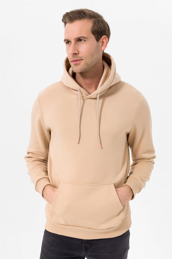 Bej Regular Düz Kapişonlu Yaka  Sweatshirt