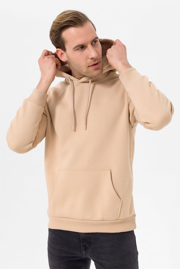 Bej Regular Düz Kapişonlu Yaka  Sweatshirt