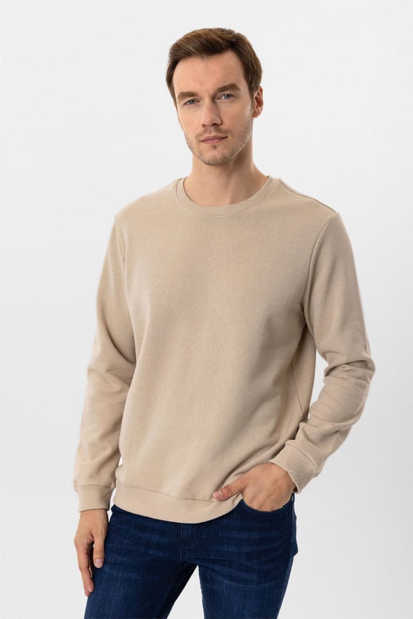 Bej Regular Düz O Yaka Sweatshirt