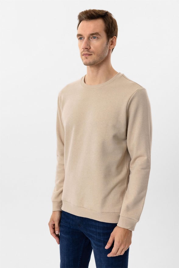 Bej Regular Düz O Yaka Sweatshirt
