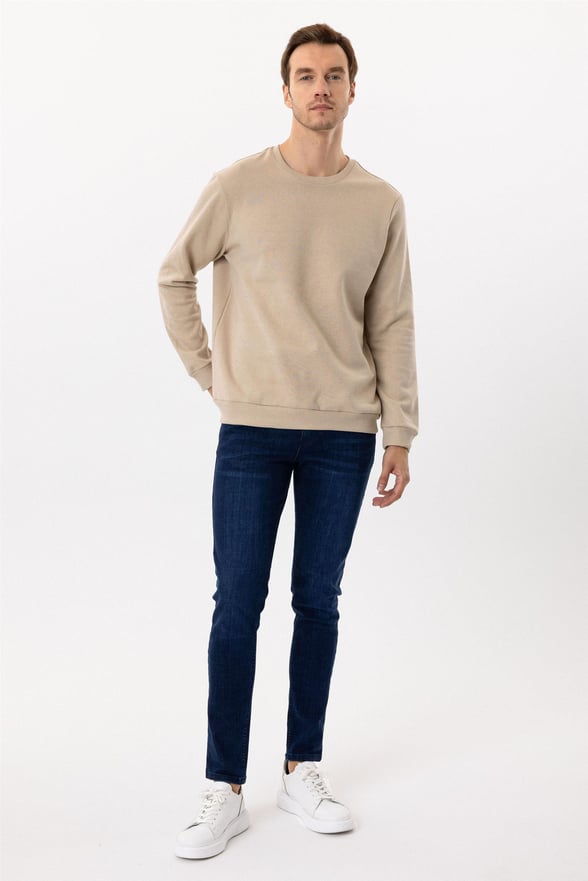 Bej Regular Düz O Yaka Sweatshirt