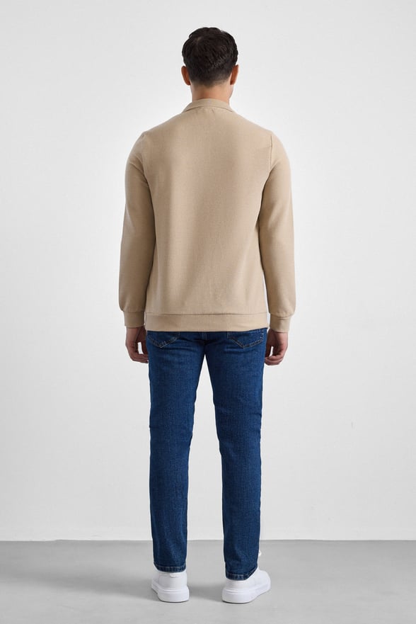 Bej Regular Düz Polo Yaka Sweatshirt