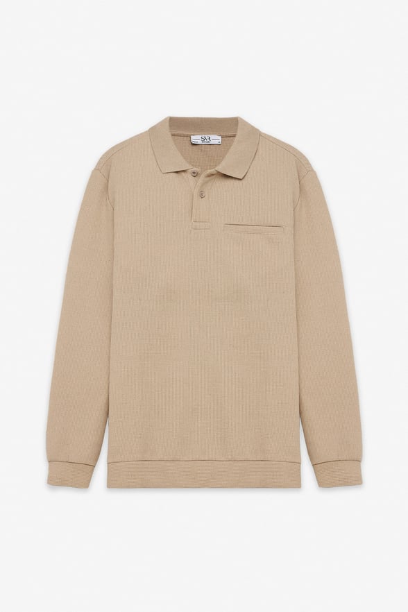 Bej Regular Düz Polo Yaka Sweatshirt
