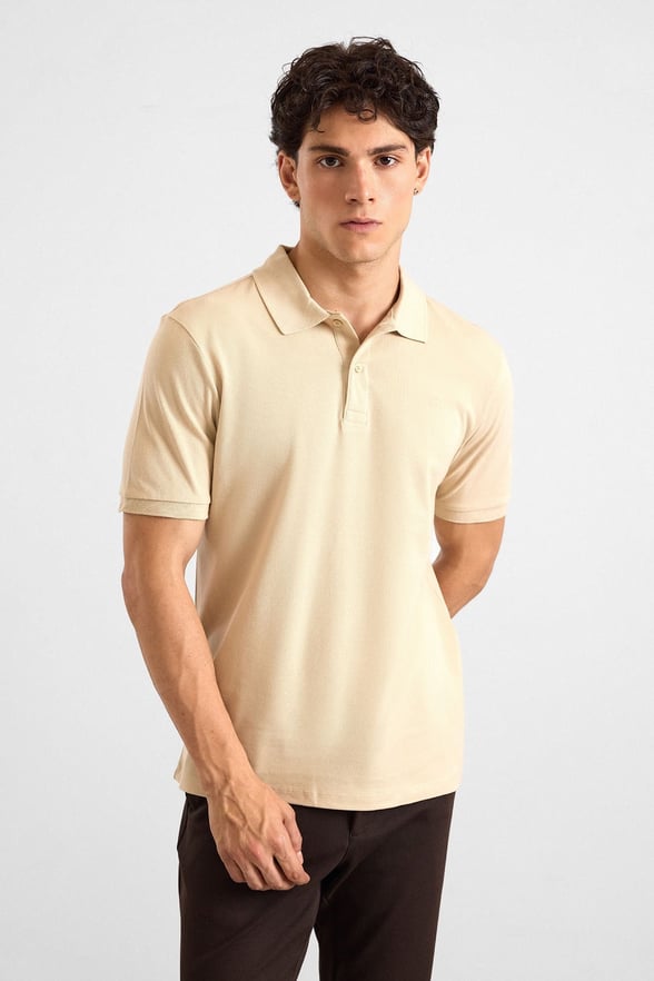 Bej Regular Düz Polo Yaka Tişört