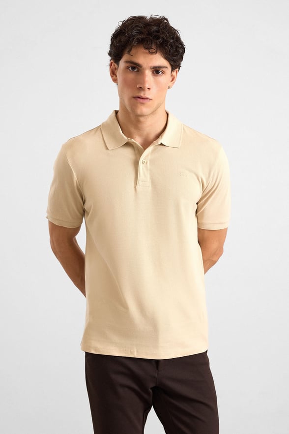 Bej Regular Düz Polo Yaka Tişört