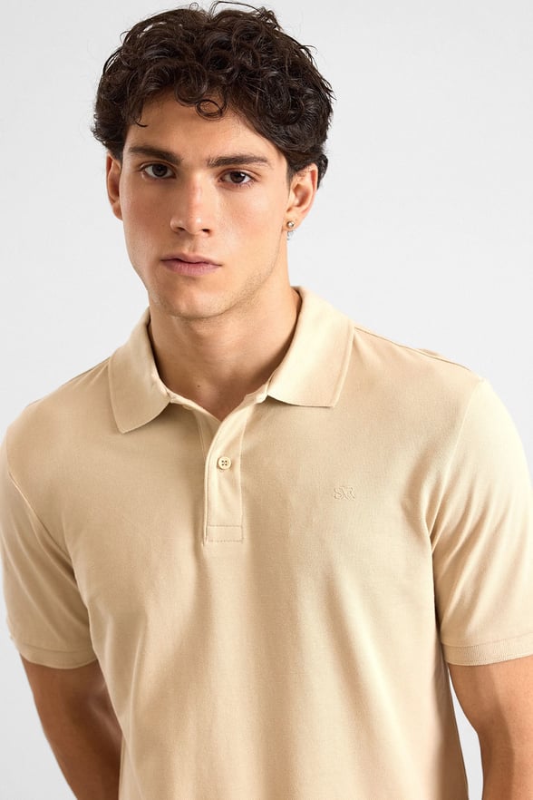 Bej Regular Düz Polo Yaka Tişört