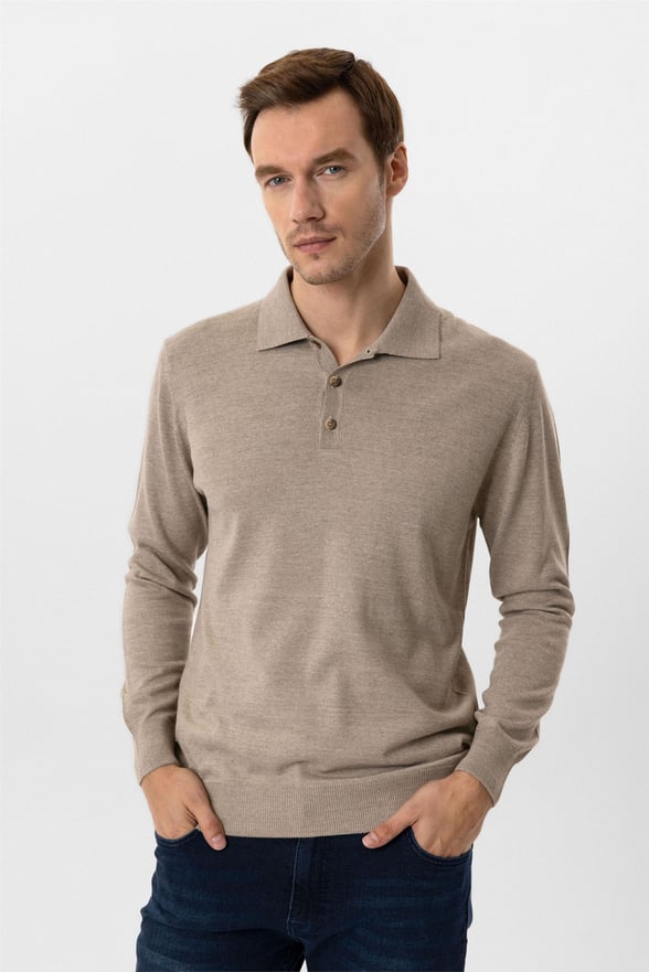 Bej Regular Düz Polo Yaka Triko