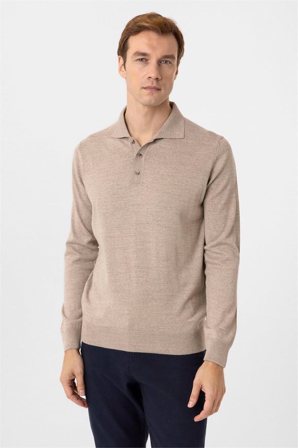 Bej Regular Düz Polo Yaka Triko