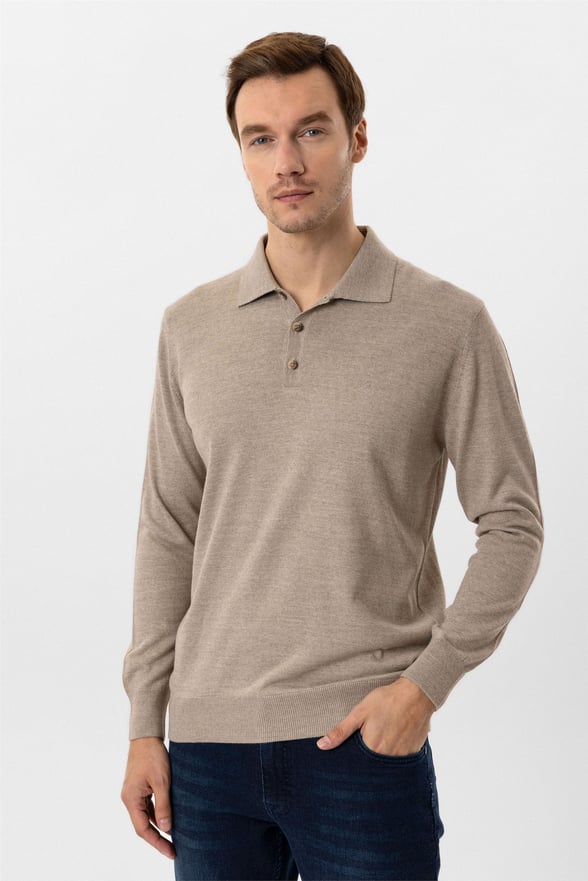 Bej Regular Düz Polo Yaka Triko