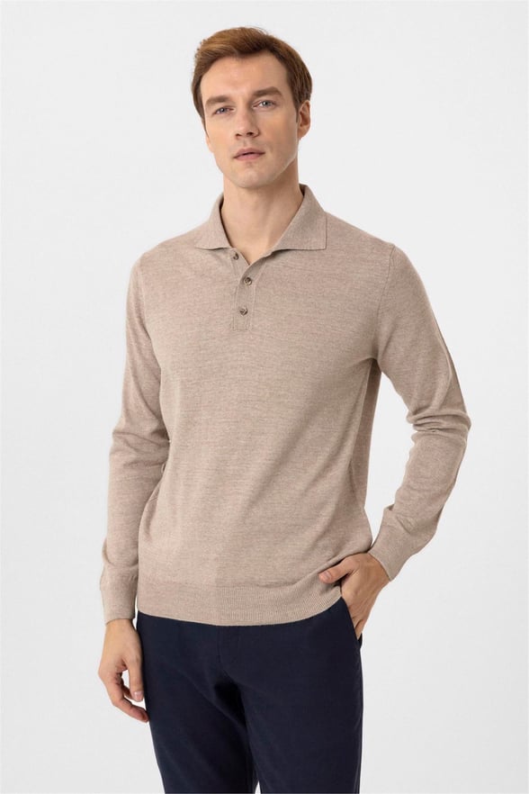 Bej Regular Düz Polo Yaka Triko