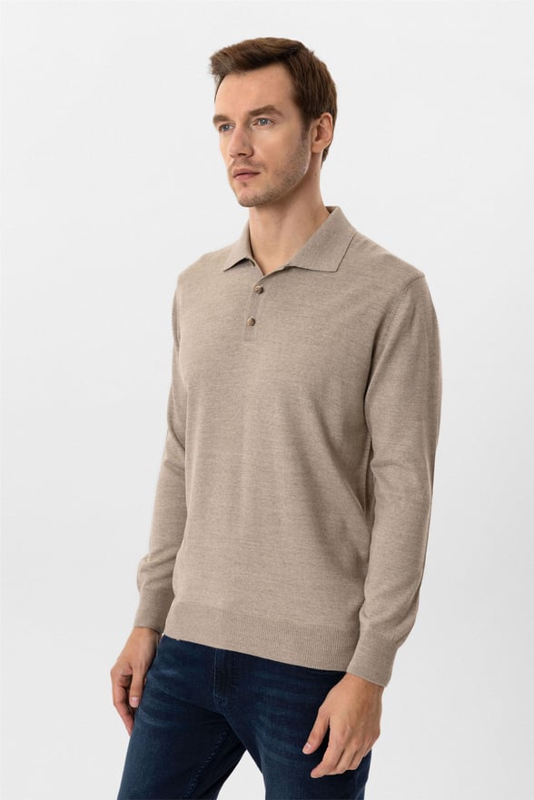 Bej Regular Düz Polo Yaka Triko