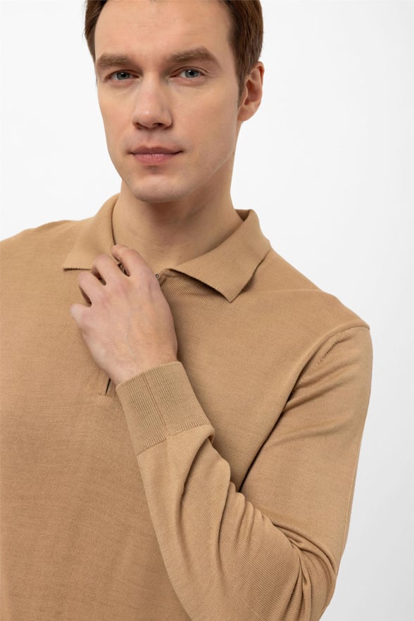 Bej Regular Düz Polo Yaka  Triko