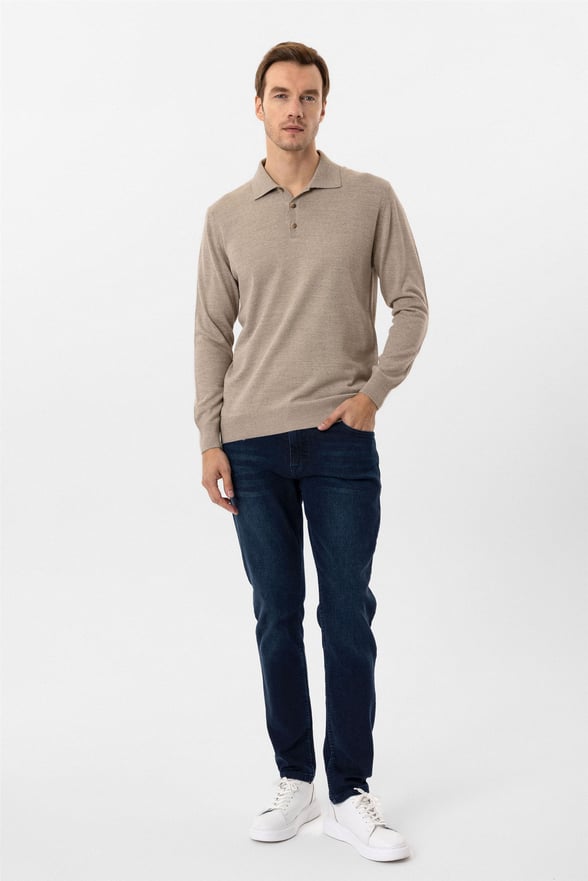 Bej Regular Düz Polo Yaka Triko