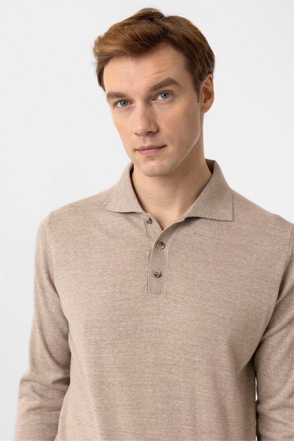 Bej Regular Düz Polo Yaka Triko