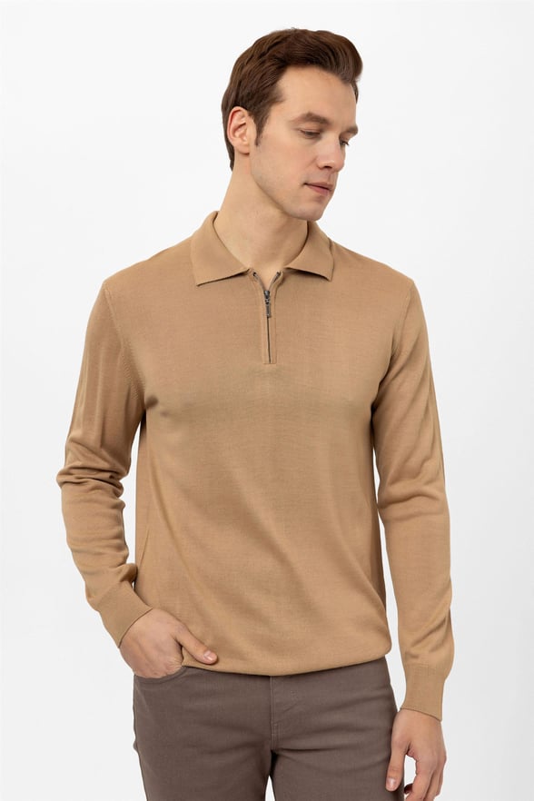 Bej Regular Düz Polo Yaka  Triko