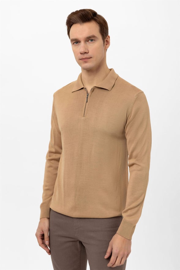 Bej Regular Düz Polo Yaka  Triko