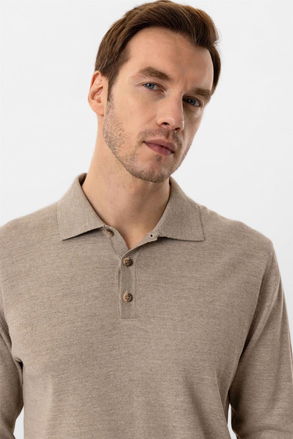 Bej Regular Düz Polo Yaka Triko