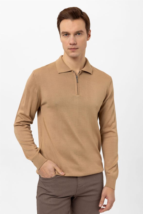 Bej Regular Düz Polo Yaka  Triko