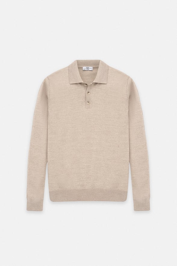 Bej Regular Düz Tek Plaka Düğmeli Polo Yaka Kazak
