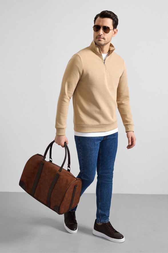 Bej Regular Düz Yarım Balıkçı Yaka Sweatshirt