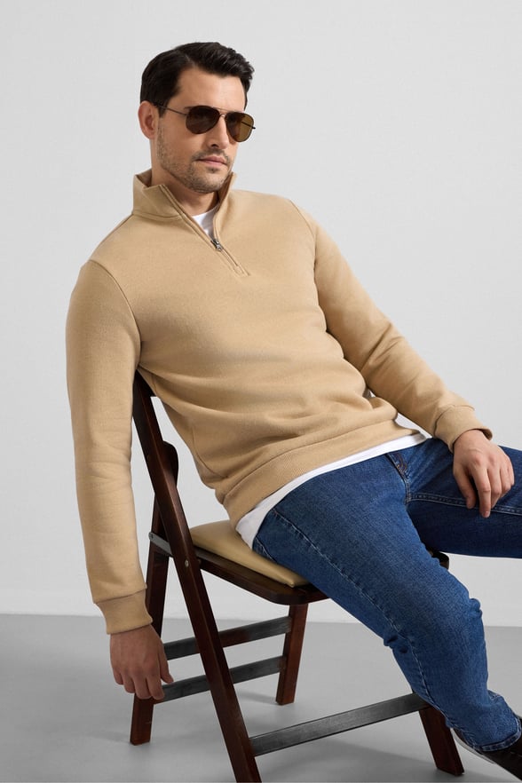 Bej Regular Düz Yarım Balıkçı Yaka Sweatshirt
