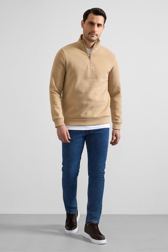 Bej Regular Düz Yarım Balıkçı Yaka Sweatshirt