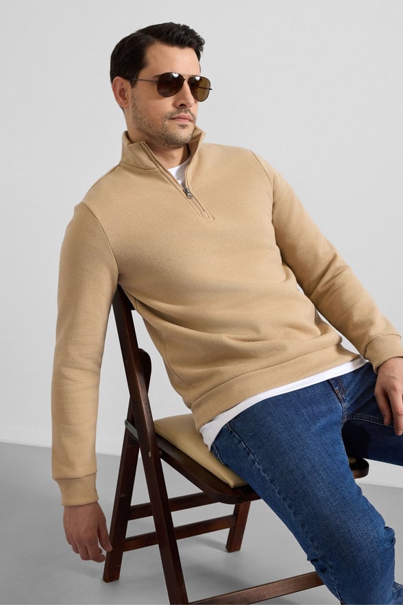 Bej Regular Düz Yarım Balıkçı Yaka Sweatshirt
