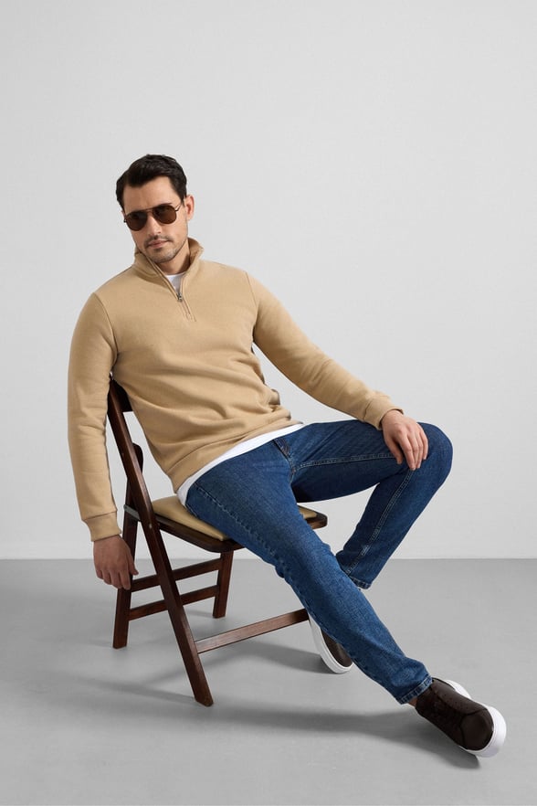 Bej Regular Düz Yarım Balıkçı Yaka Sweatshirt