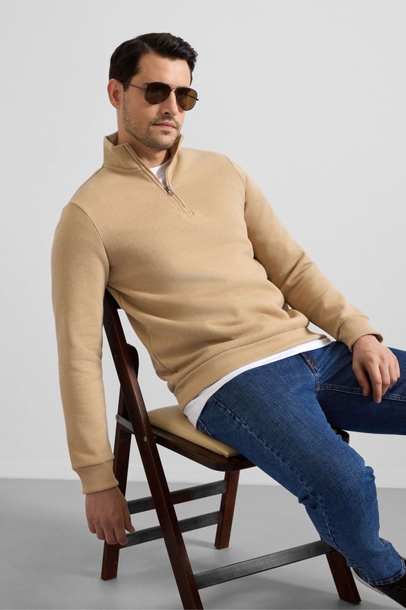 Bej Regular Düz Yarım Balıkçı Yaka Sweatshirt