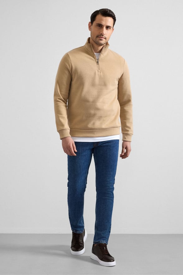 Bej Regular Düz Yarım Balıkçı Yaka Sweatshirt
