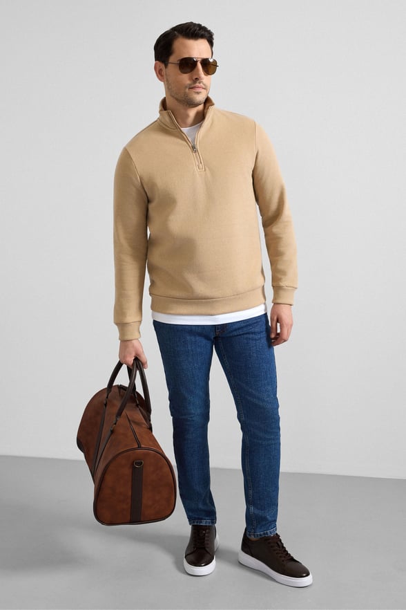 Bej Regular Düz Yarım Balıkçı Yaka Sweatshirt