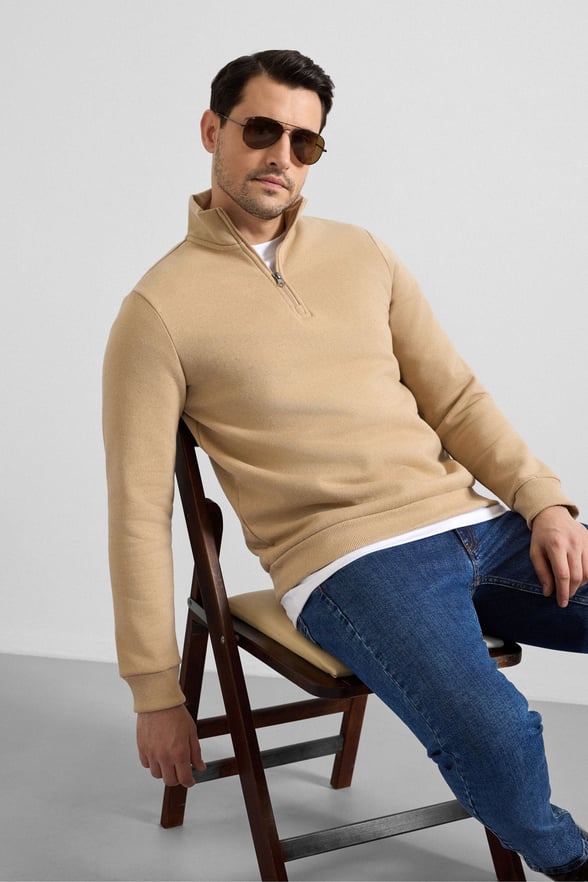 Bej Regular Düz Yarım Balıkçı Yaka Sweatshirt