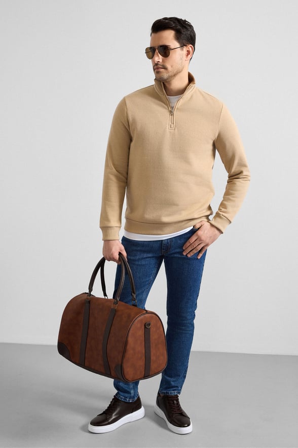 Bej Regular Düz Yarım Balıkçı Yaka Sweatshirt