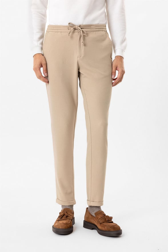 Bej Slim Armürlü Jogger Pantolon