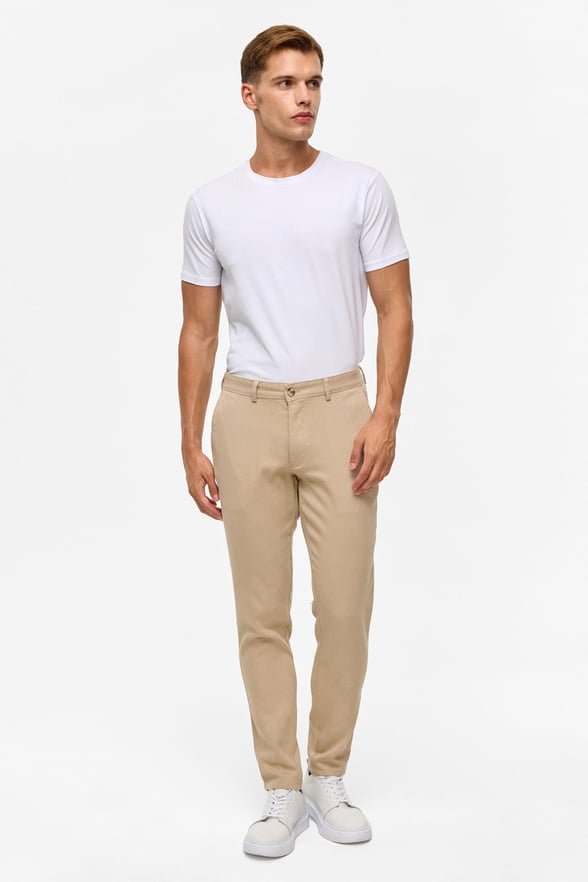 Bej Slim Armürlü Kanvas Pantolon